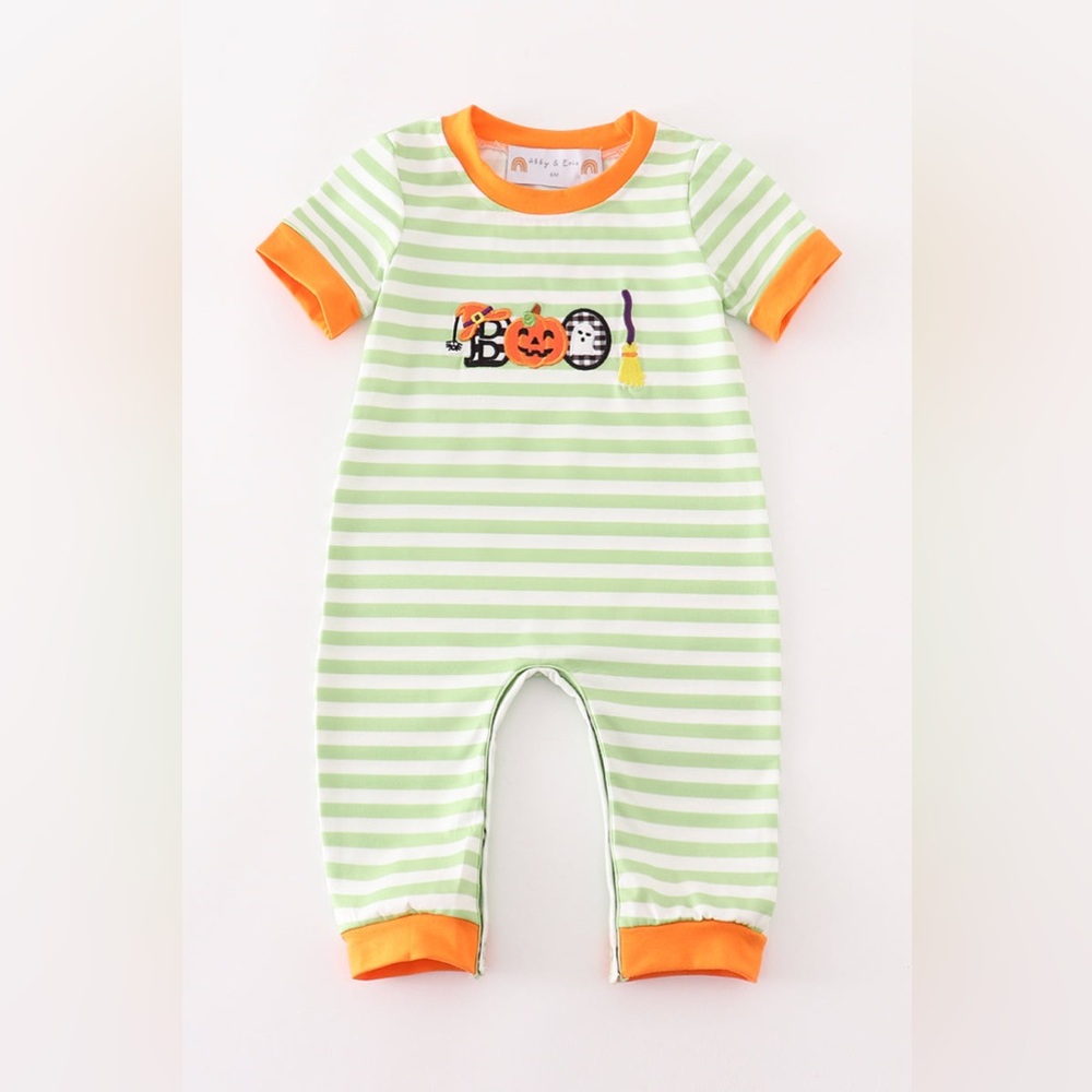 NWT ORANGE HALLOWEEN PUMPKIN BOO APPLIQUE BOY ROMPER